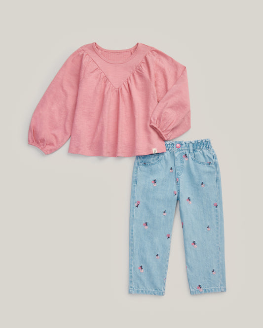 2-Piece Organic Cotton Yoke Long Sleeve Top and Embroidered Denim Pants