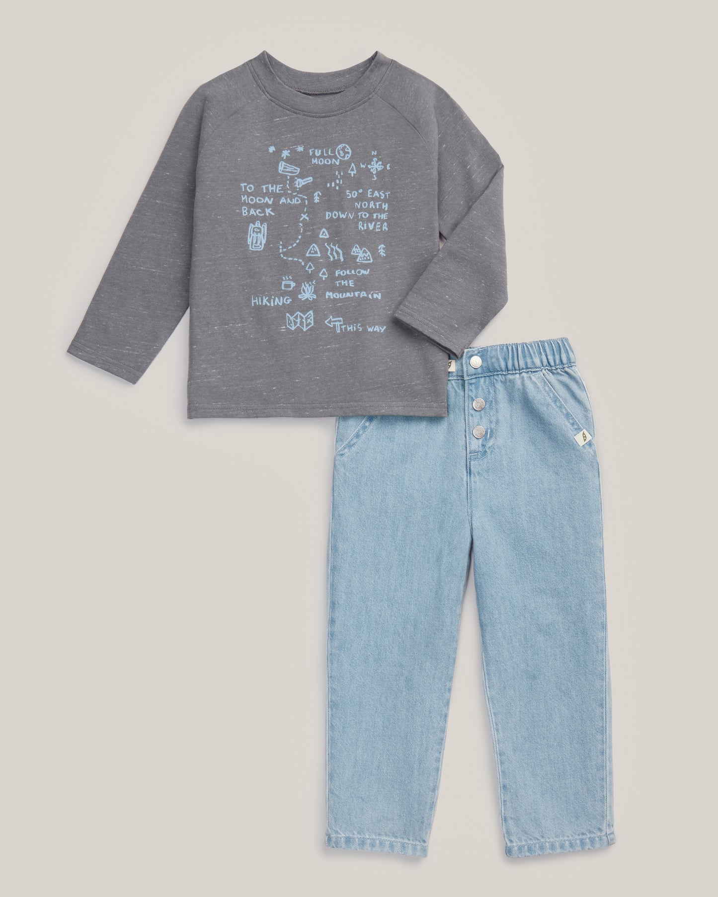 2-Piece Organic Cotton Graphic Long Sleeve Top and Denim Pant Set
