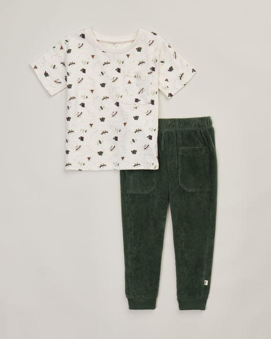 2-Piece Organic Cotton Printed Short Sleeve Top and Corduroy Jogger Set